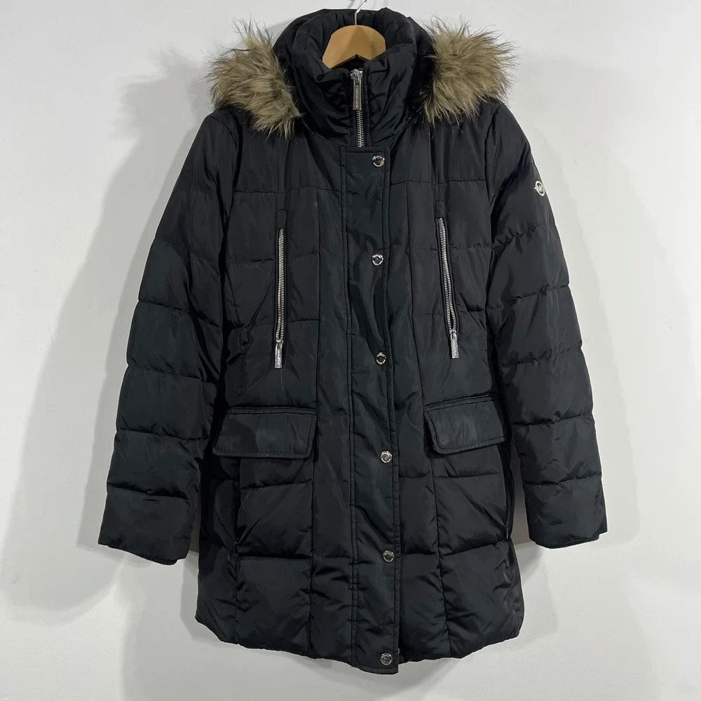 Michael Michael Kors Black Puffer Coat Faux Fur Hood Belted Winter Jacket Large